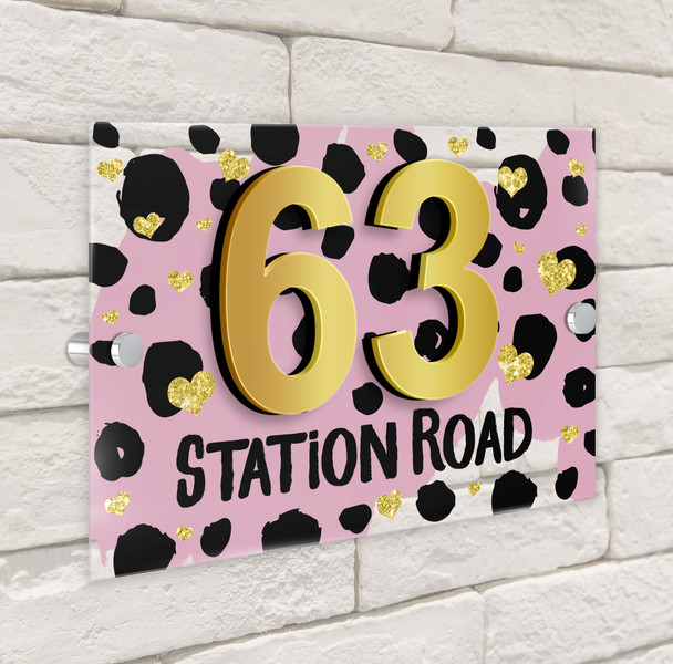 Dalmatian Print Gold Heart Dusky Pink 3D Modern Acrylic Door Number House Sign