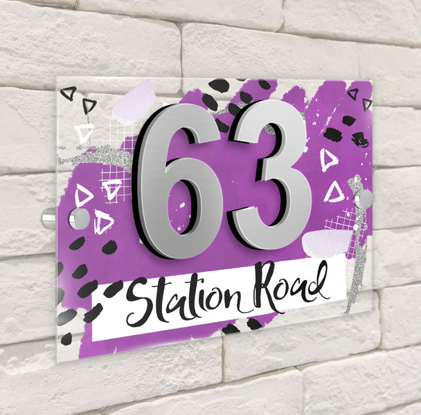 Abstract Scrapbook Dark Dusky Purple 3D Modern Acrylic Door Number House Sign