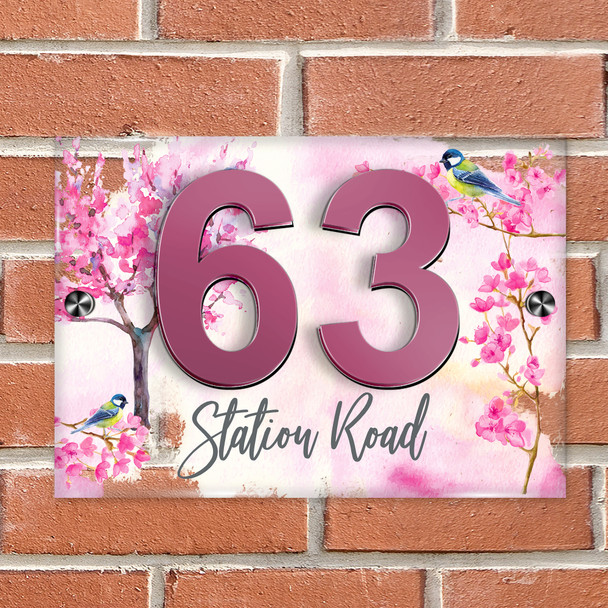 Blossom Cherry Tree Pink Blue Bird 3D Modern Acrylic Door Number House Sign