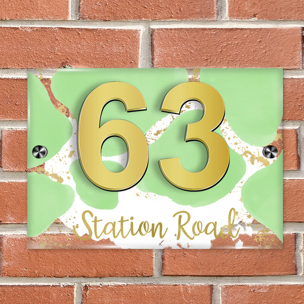 Abstract Gold Splatter Mint Green 3D Modern Acrylic Door Number House Sign