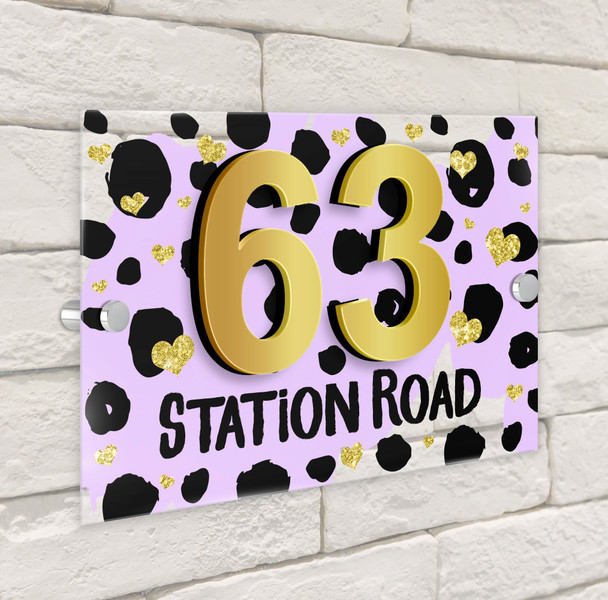 Dalmatian Print Gold Heart Lilac 3D Modern Acrylic Door Number House Sign