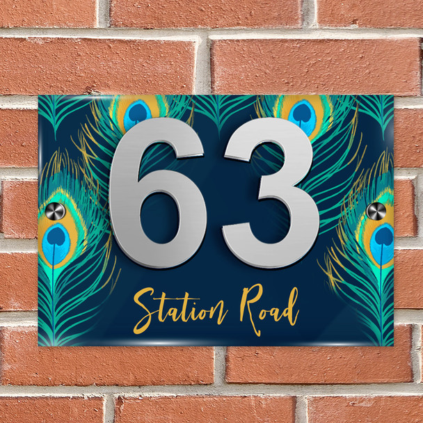 Peacock Feathers Blue Green Navy 3D Modern Acrylic Door Number House Sign