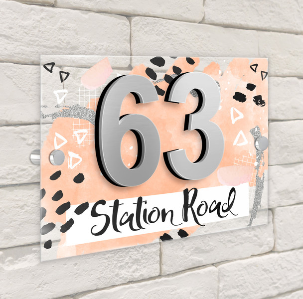 Abstract Scrapbook Coral Peach 3D Modern Acrylic Door Number House Sign