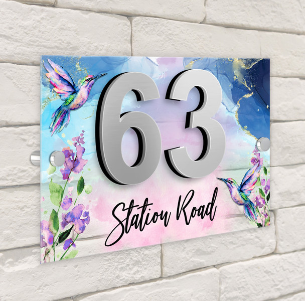 Hummingbird Pretty Blue Purple 3D Modern Acrylic Door Number House Sign