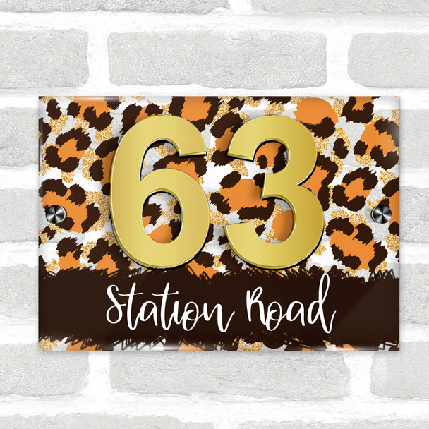 Classic Leopard Print And Gold 3D Modern Acrylic Door Number House Sign