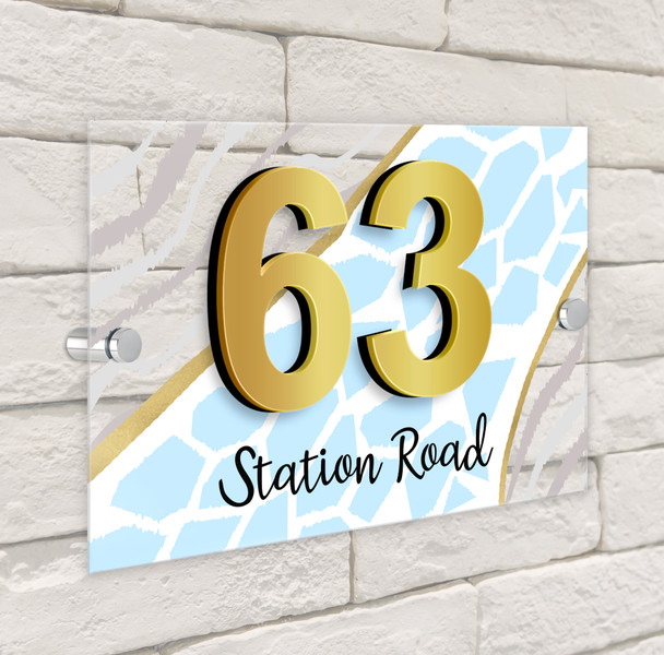 Animal Print Baby Blue & Gold 3D Modern Acrylic Door Number House Sign