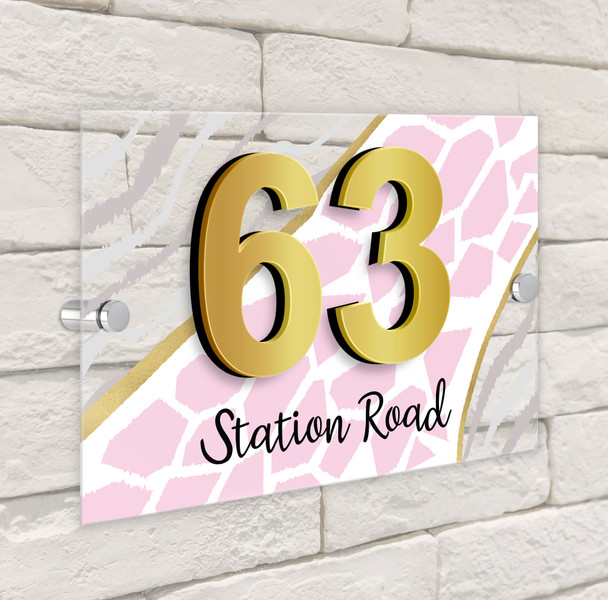 Animal Print Baby Pink & Gold 3D Modern Acrylic Door Number House Sign