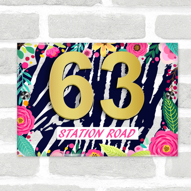 Black Zebra Print Pink Floral 3D Modern Acrylic Door Number House Sign