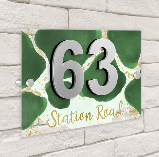Abstract Gold Splatter Green 3D Modern Acrylic Door Number House Sign