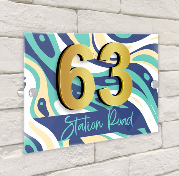 Abstract Swirl Pattern Blue 3D Modern Acrylic Door Number House Sign