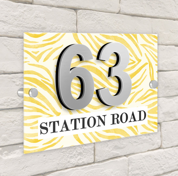 Animal Print Yellow Zebra 3D Modern Acrylic Door Number House Sign