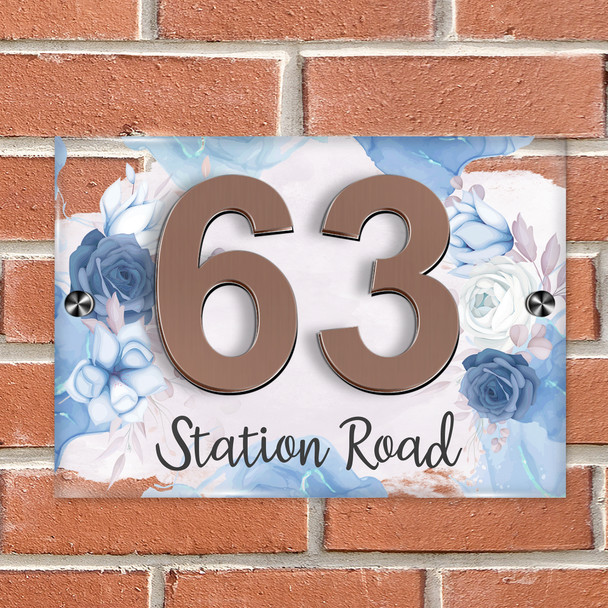 Floral Blue Flowers Chic 3D Modern Acrylic Door Number House Sign