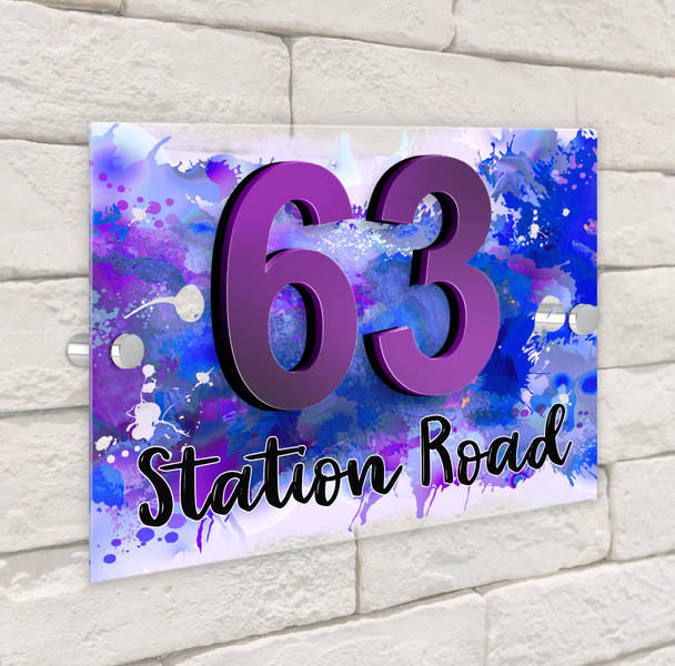 Blue And Purple Splatter 3D Modern Acrylic Door Number House Sign