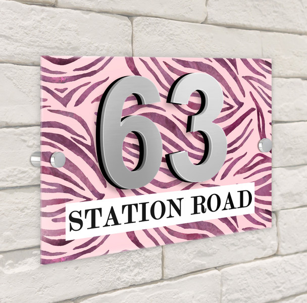Animal Print Pink Zebra 3D Modern Acrylic Door Number House Sign