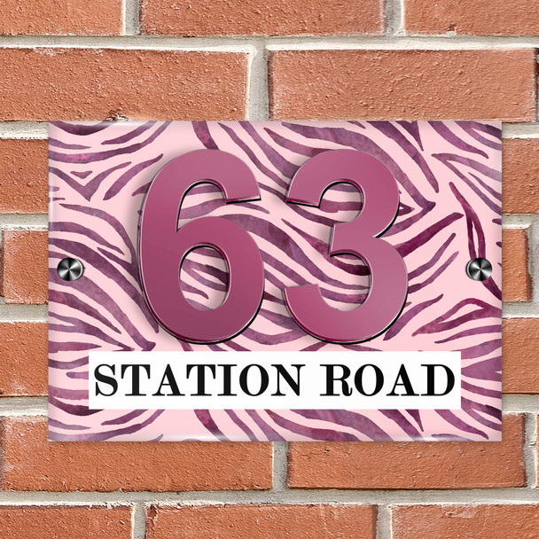 Animal Print Pink Zebra 3D Modern Acrylic Door Number House Sign