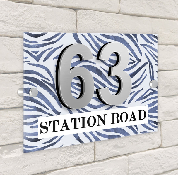 Animal Print Blue Zebra 3D Modern Acrylic Door Number House Sign