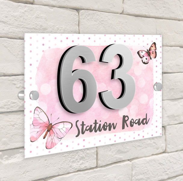 Butterfly Pink Polkadot 3D Modern Acrylic Door Number House Sign