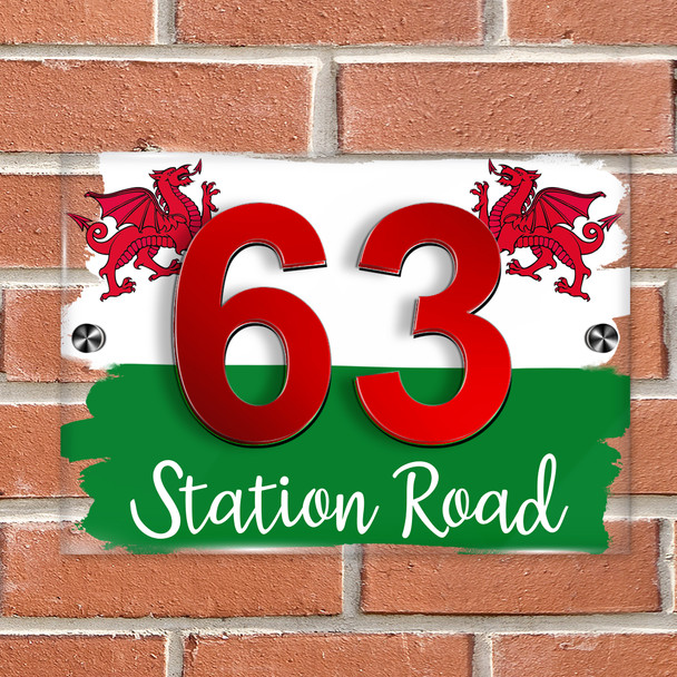 Welsh Flag Red Dragon 3D Modern Acrylic Door Number House Sign