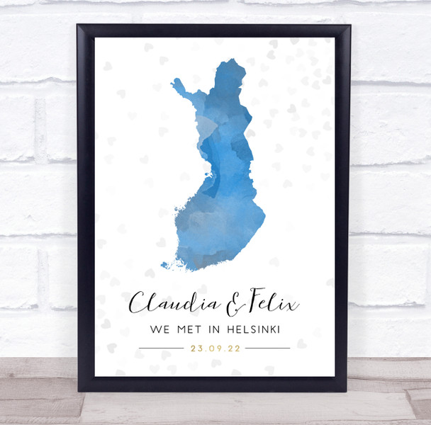 Finland Special Date Watercolour Blue Grey Hearts Personalised Gift Print