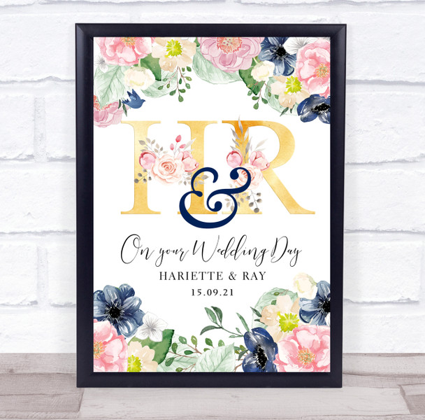 Floral Navy Pink Leaves Wedding Day Gold Any Initial Personalised Gift Print