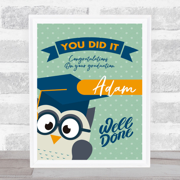 Graduation Owl Green Congratulations Well Done Name Personalised Gift Print