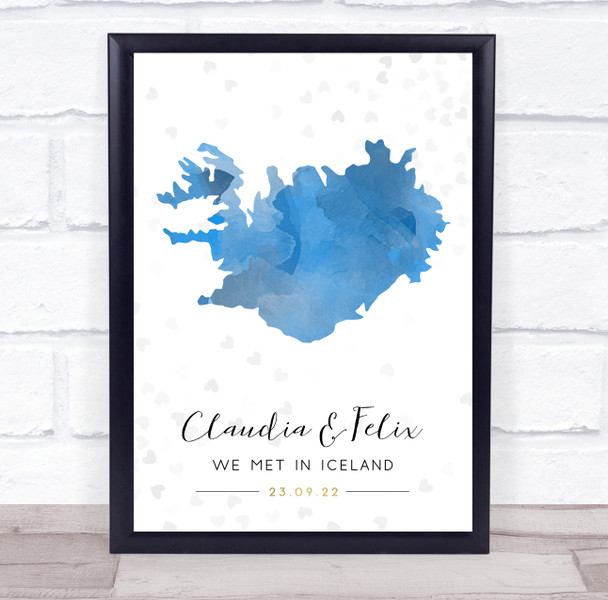 Iceland Special Date Watercolour Blue Grey Hearts Personalised Gift Print