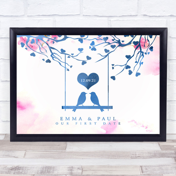 Love Birds Special Date Watercolour Pink Blossom Personalised Gift Print Love Birds Special Date Watercolour Pink Blossom Personalised Gift Print