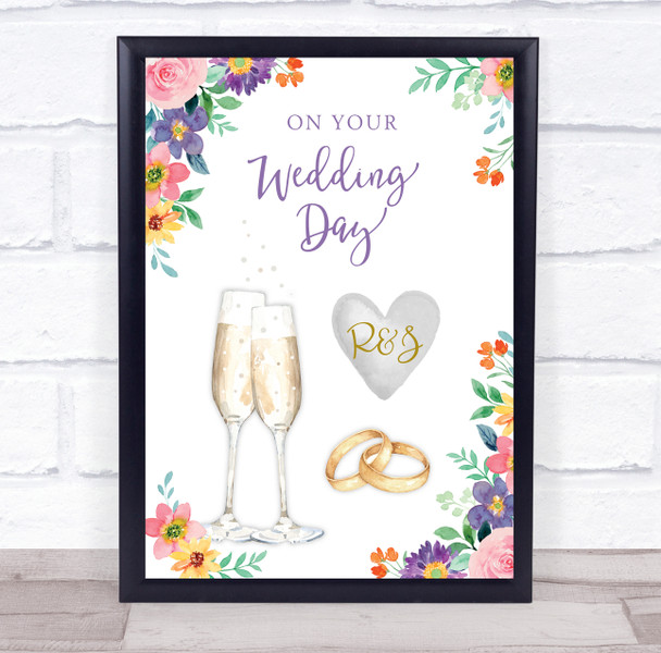 On your Wedding Day Flowers Floral Flutes Rings Married Personalised Gift Print