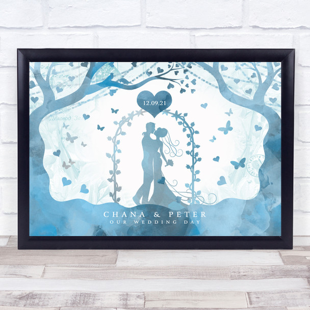 Wedding Love Tree Date Vintage Blue Watercolour Personalised Gift Print