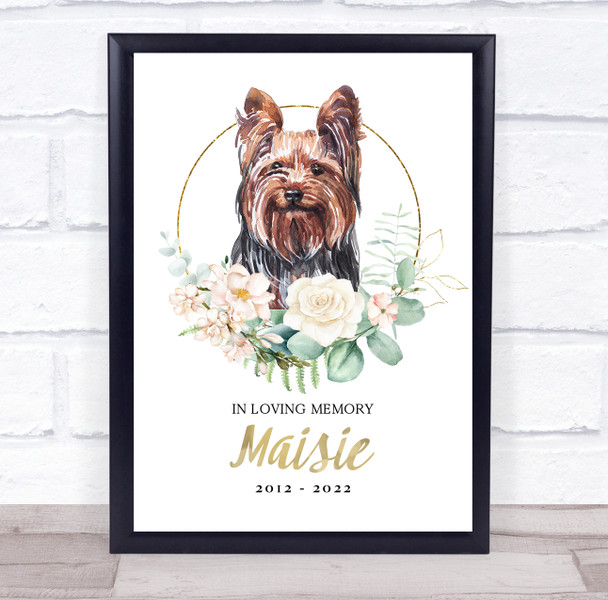 Yorkshire Terrier Pet Memorial Peach Gold Floral Wreath Personalised Gift Print