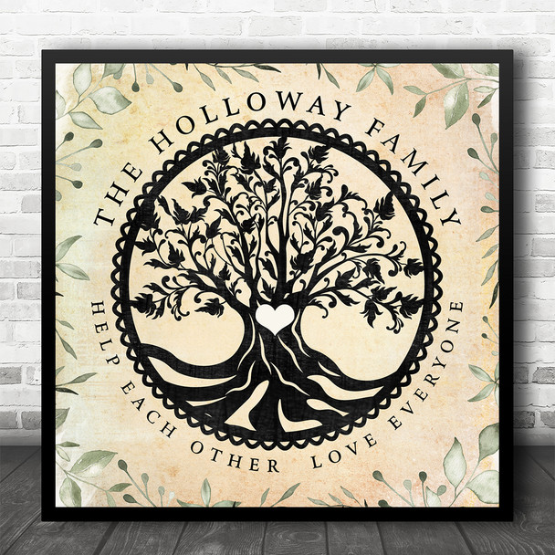 Family Tree Of Life Heart Vintage Foliage Square Personalised Gift Print