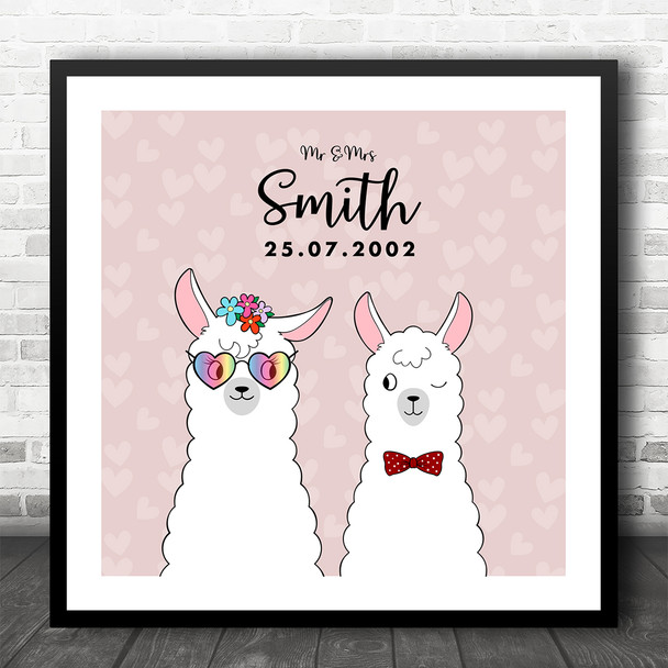 Square Cute Cartoon Llamas Anniversary Wedding Date Personalised Gift Print