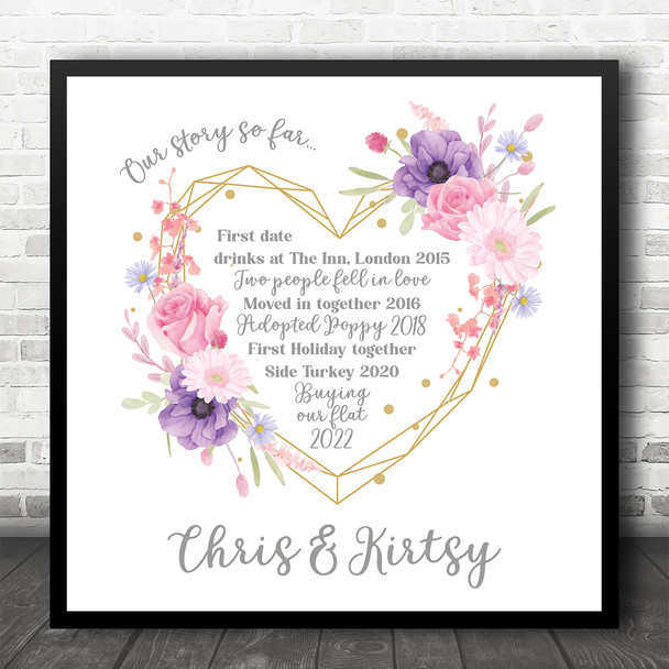 Square Our Story Pink Flowers Heart Special Couple Love Personalised Gift Print