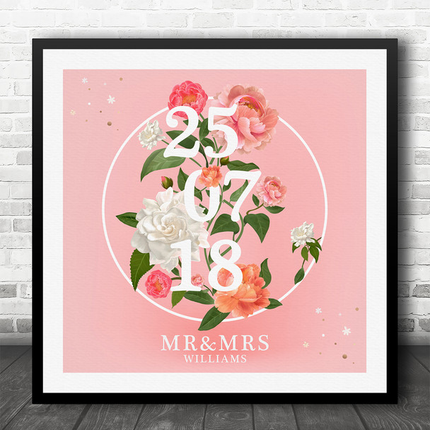 Square Pink Peach Floral Anniversary Wedding Date Personalised Gift Print