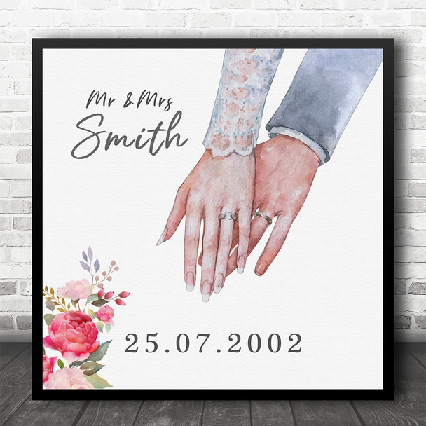 Square Watercolour Married Couple Hands Anniversary Personalised Gift Print