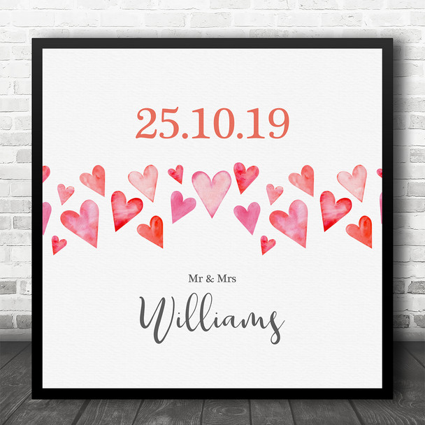 Square Watercolour Red Heart Anniversary Wedding Date Personalised Gift Print