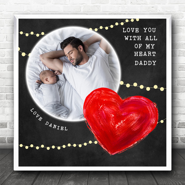 Black Red Chalk Heart Dad Photo Gold Lights Square Personalised Gift Print