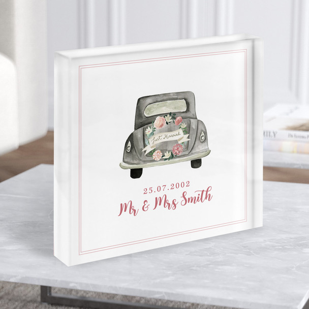Square Watercolour Just Married Car Anniversary Date Gift Acrylic Block