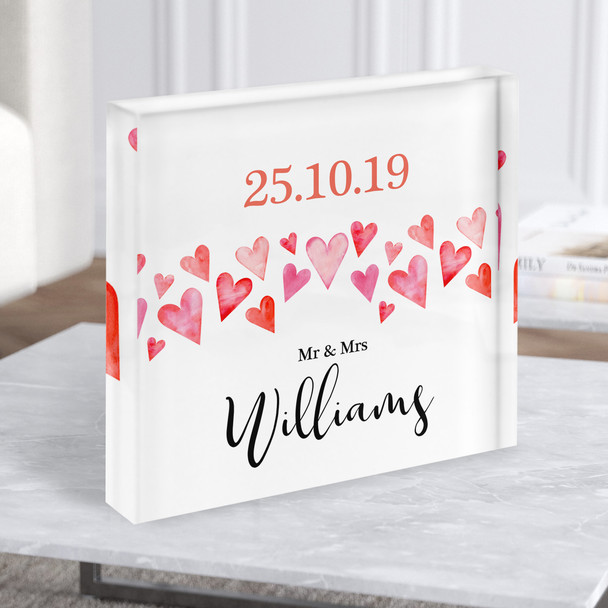 Square Watercolour Red Heart Anniversary Wedding Date Gift Acrylic Block