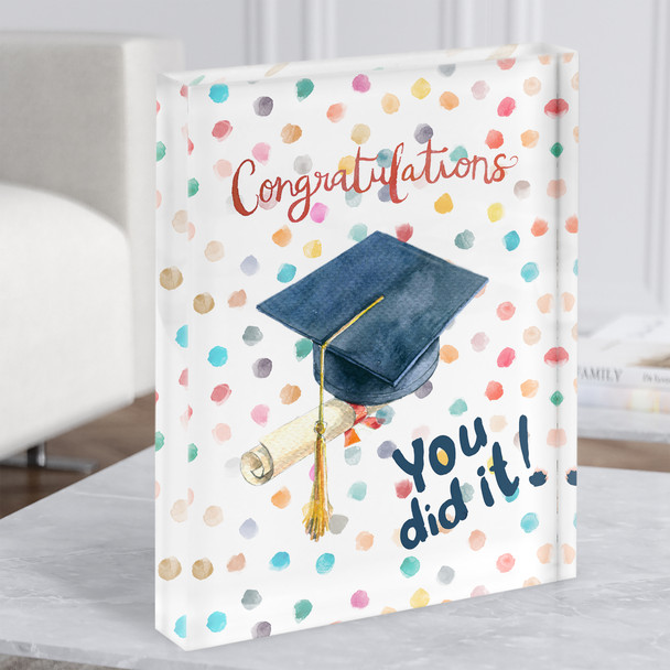 Graduation Congratulations Rainbow Polka Dot Hat Personalised Gift Acrylic Block