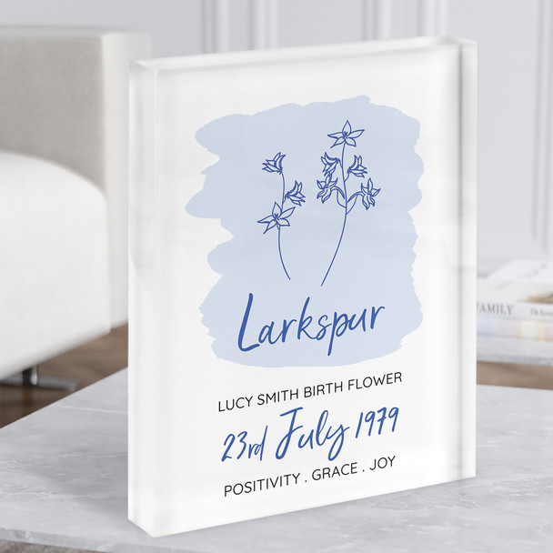 Larkspur Blue July Flower Summer Birthday Line Art Meaning Gift Acrylic Block