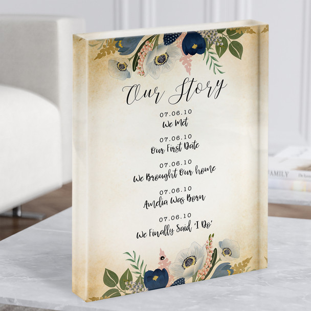 Our Story Any Occasion Any Date Vintage Blue Floral Gift Acrylic Block