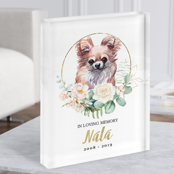 Chihuahua Pet Memorial Peach Gold Floral Wreath Personalised Gift Acrylic Block