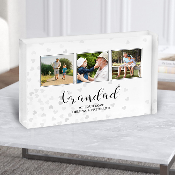 Fathers Day Grandad Photo Silver Faded Hearts Personalised Gift Acrylic Block