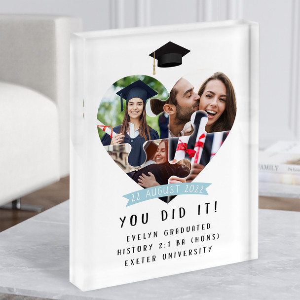 Graduation Celebration Date Photo Jigsaw Heart Personalised Gift Acrylic Block