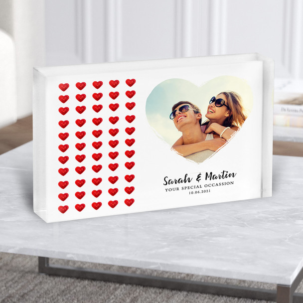Simple Red Hearts Photo Special Date Names Couple Gift Acrylic Block