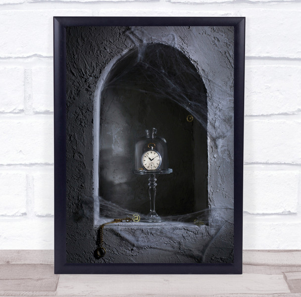 The Past Time clock in glass bottle stone ledge archway Wall Art Print