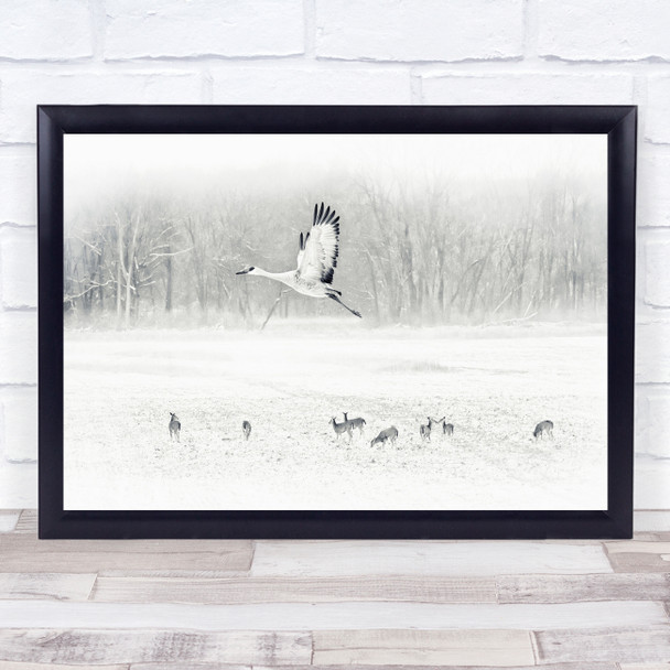 The Snow World bird flying deer's black and white trees Wall Art Print