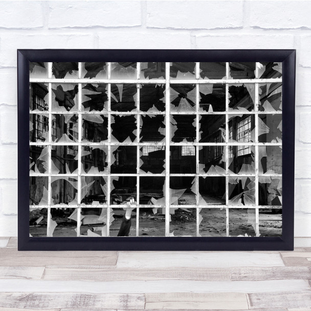 Conceptual Black & White Glass Broken Window Hand Help Wall Art Print