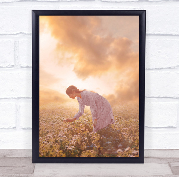 Gentle Touch woman in floral dress in field bright sky Wall Art Print